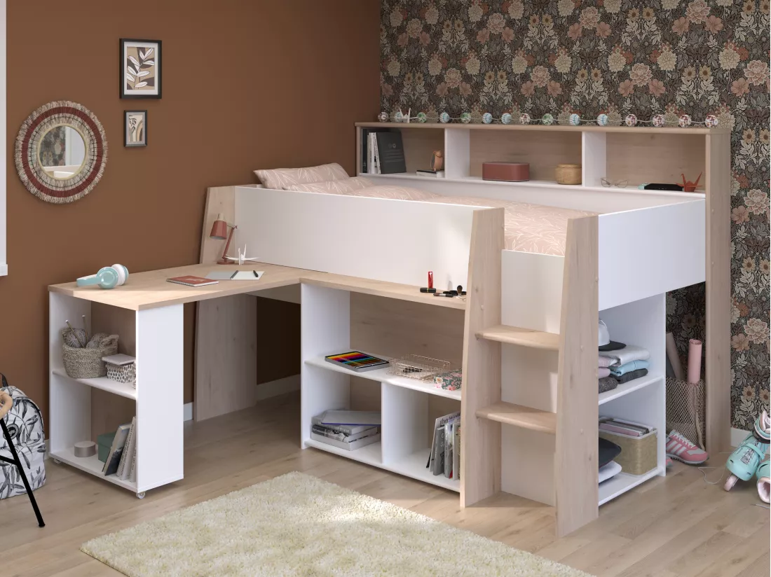 Lit combiné 90 x 200 cm avec bureau et rangements - Blanc et naturel - APOLINO
