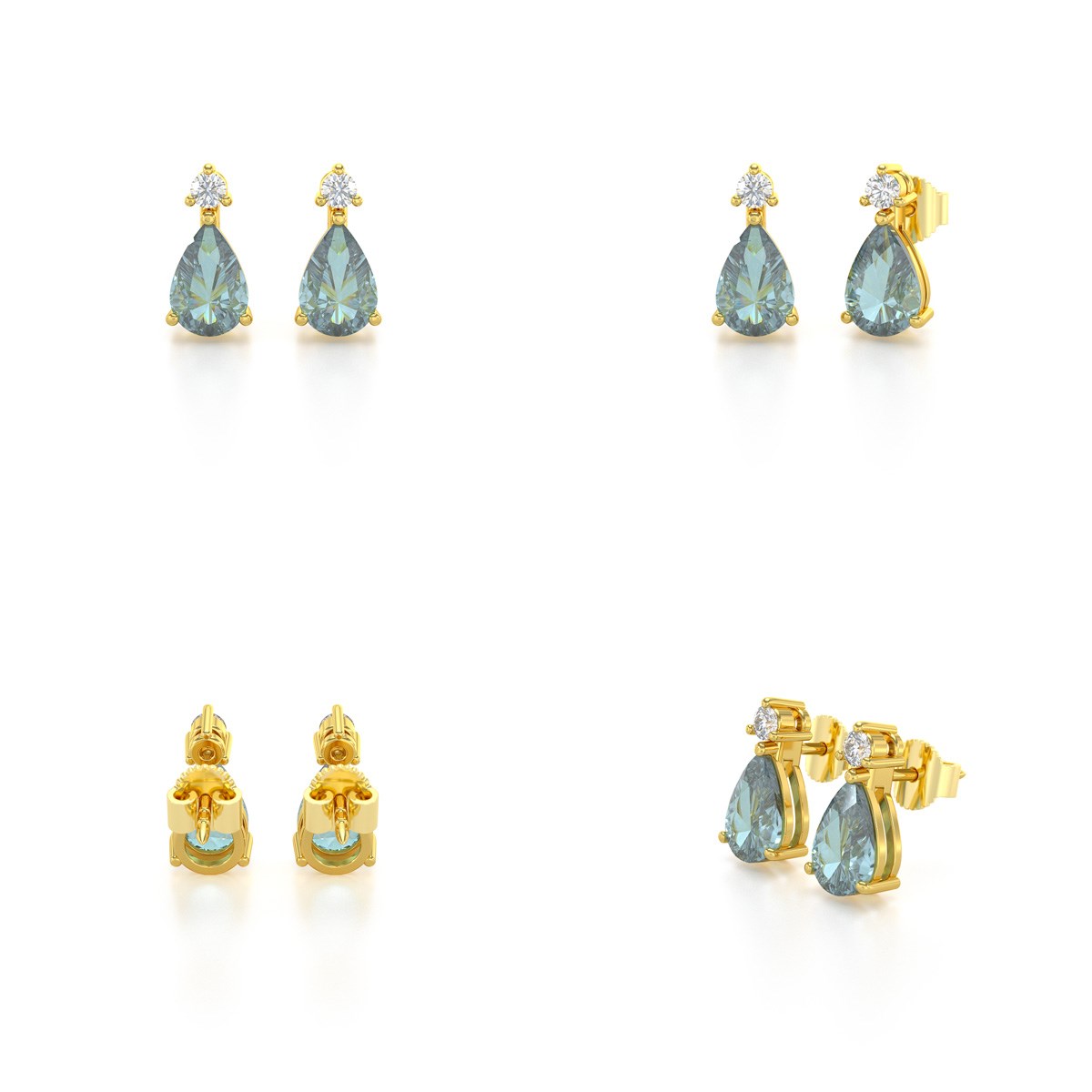 Boucles d'oreilles ADEN Or 585  Jaune Aigue-Marine forme Poire et Diamants 1.15grs