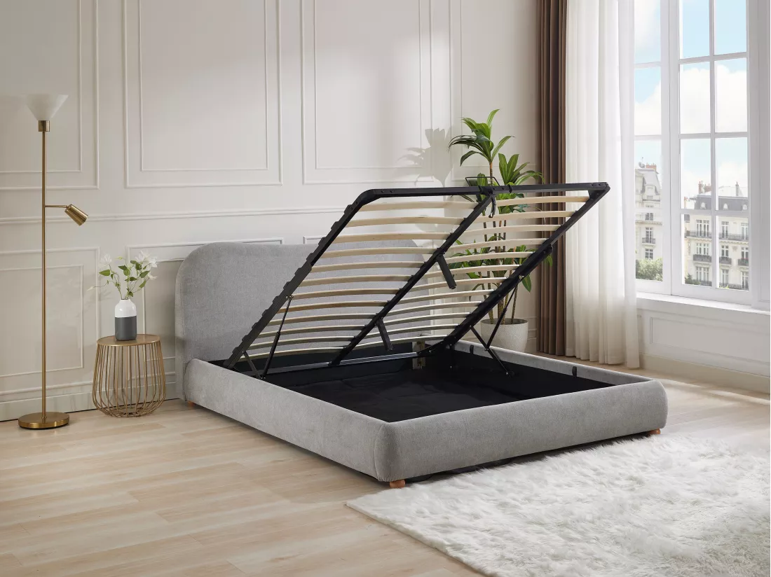 Lit coffre 180 x 200 cm - Tissu - Gris clair + Matelas - VANARI
