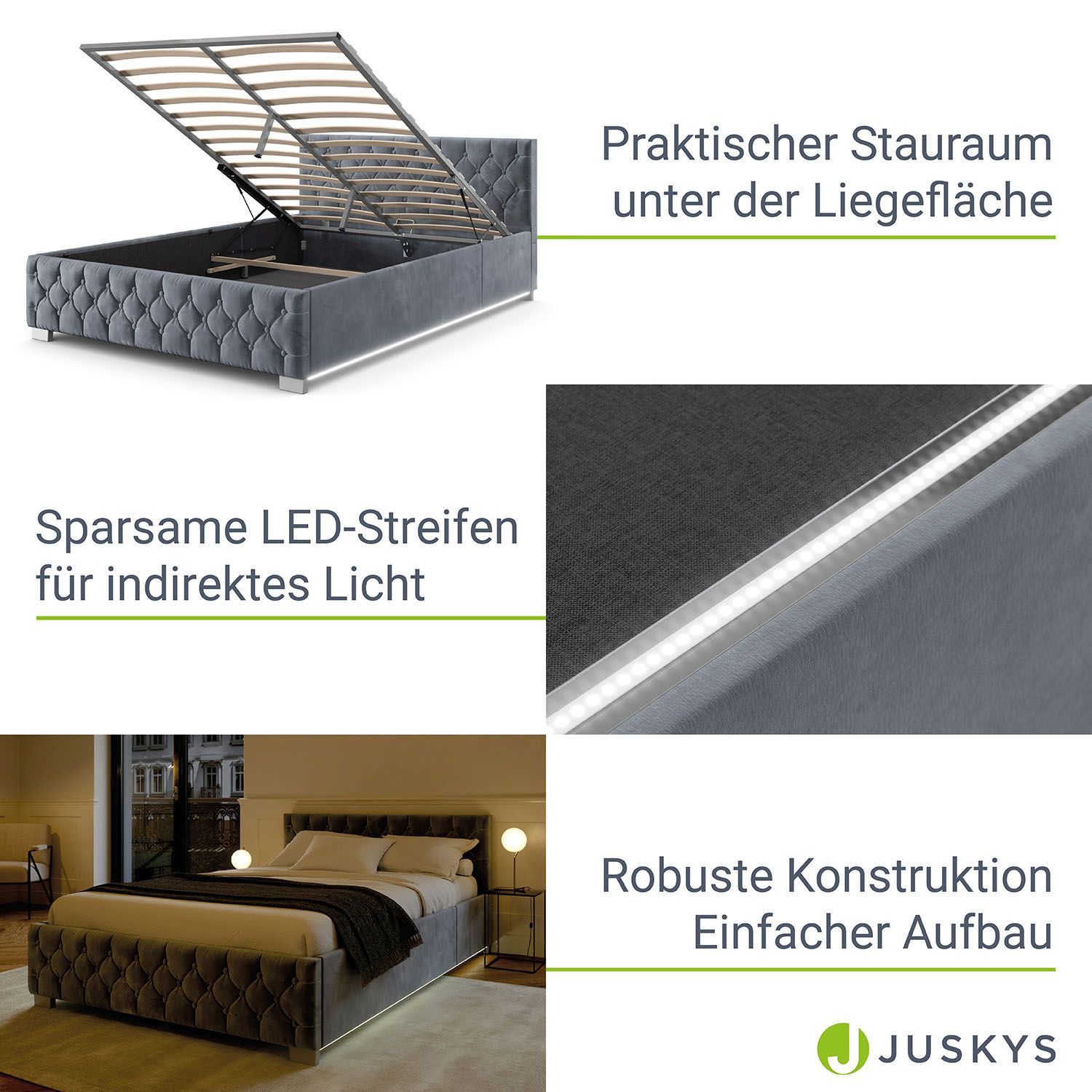 Juskys Polsterbett Nizza 120x200 cm – Matratze, Stauraum & LEDs - Samtbezug mit Steppung - Grau