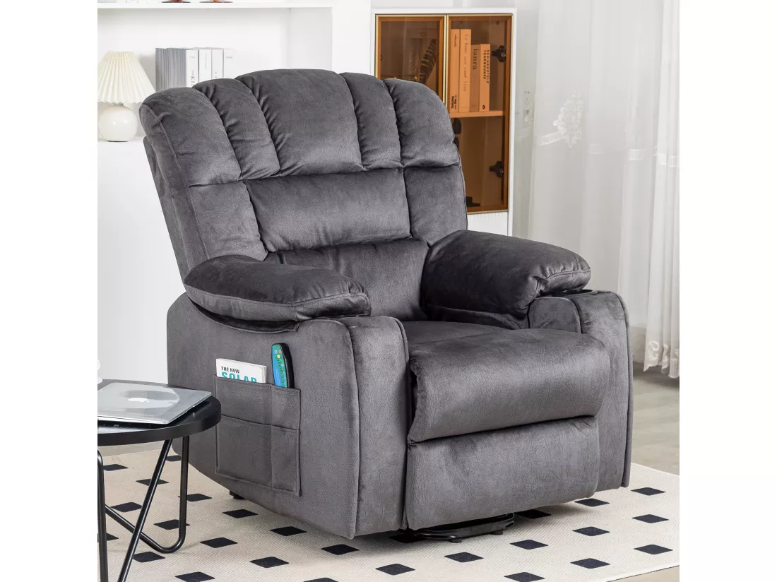 Fauteuil de massage à réglage électrique, fauteuil inclinable en tissu avec 2 porte-gobelets, poches latérales et télécommande pour salon, gris