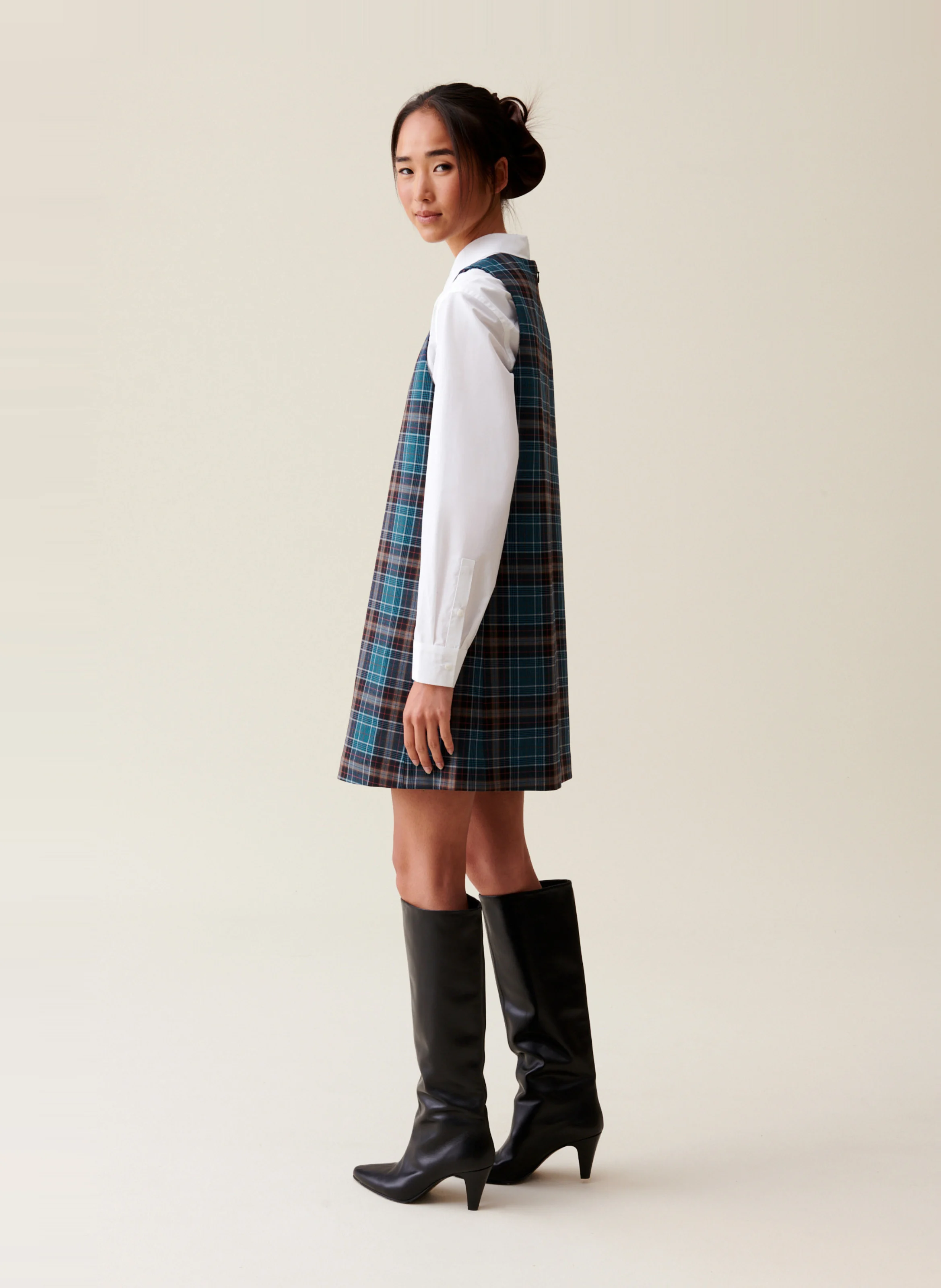 Robe courte col carré en laine mélangée | Multicolore