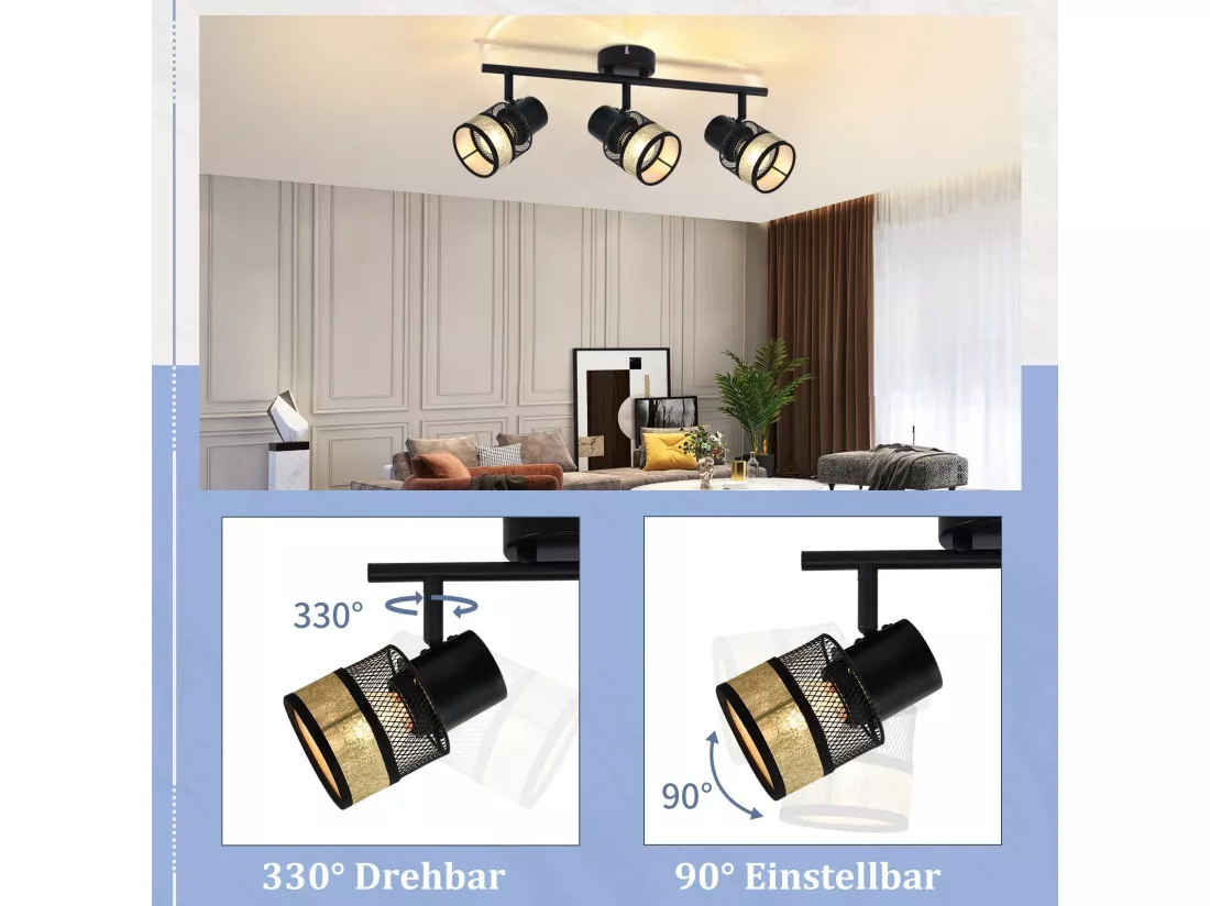 NETTLIFE Plafonnier 3 spots de E27 métal max. 25W noir - doré vintage abat-jour en tissu rotatif à 330° pour salon chambre cuisine couloir escaliers