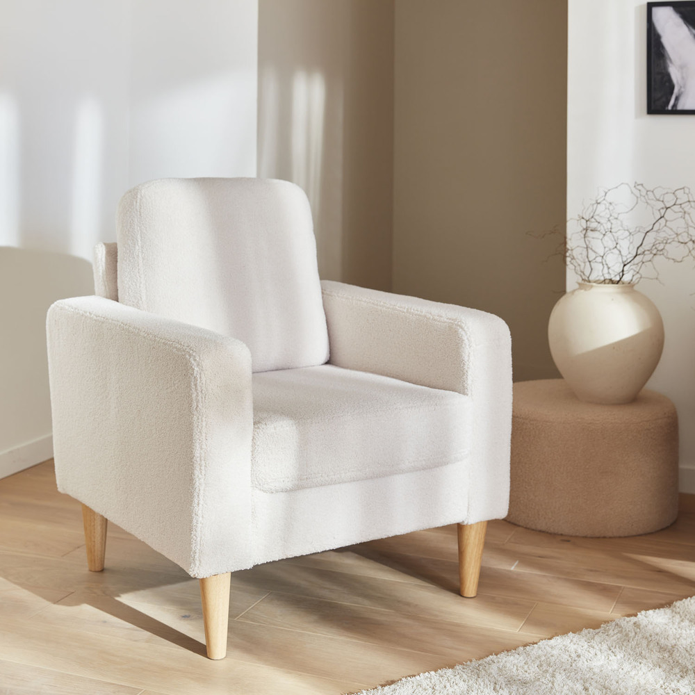Fauteuil à bouclettes blanches. Scandinave - bjorn - canapé 1 place fixe droit pieds bois