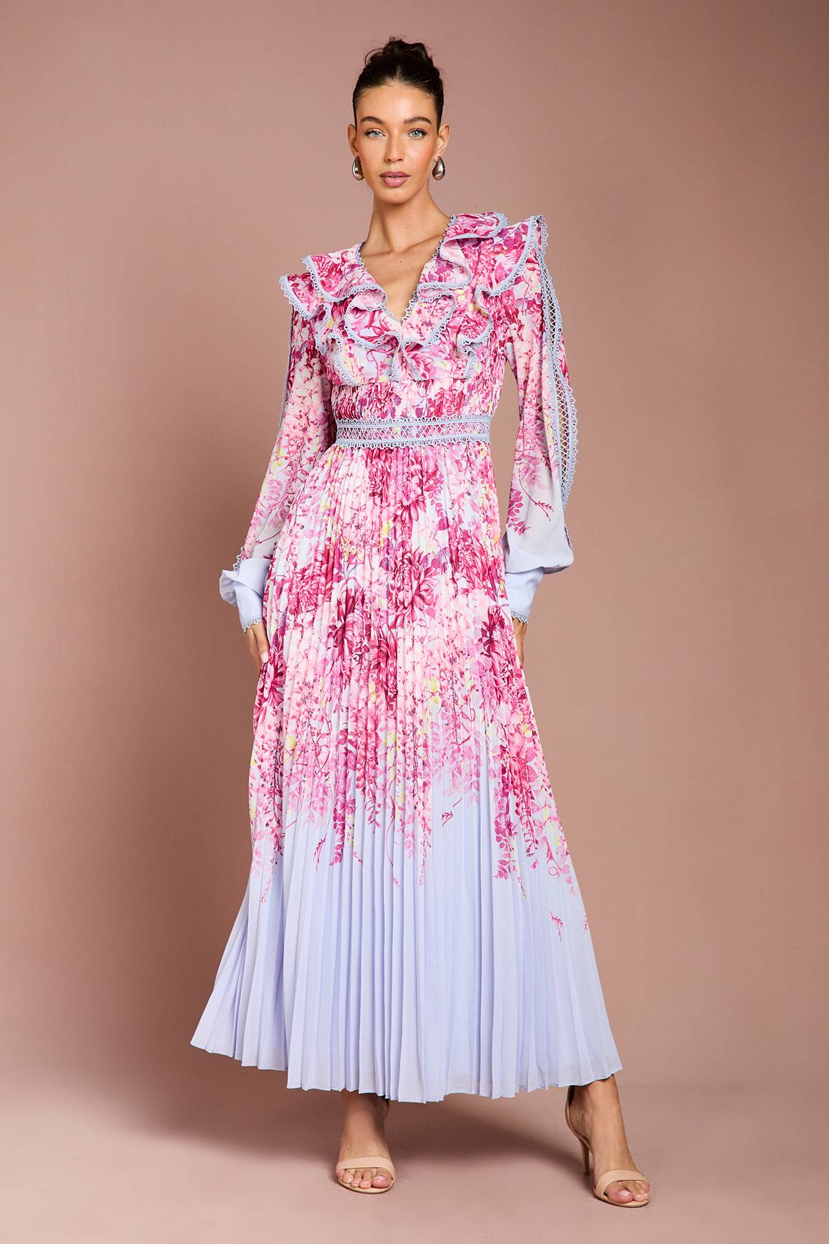 Coast Robe Maxi Plissée à Imprimé Placé et Bordure en Dentelle