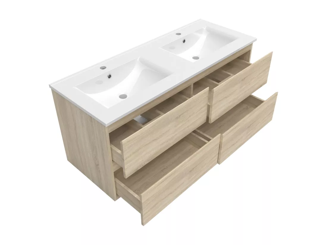 Ensemble meuble Salle de Bain 120cm double vasque et miroir lumineux 3 couleurs et dimmable chêne wotan
