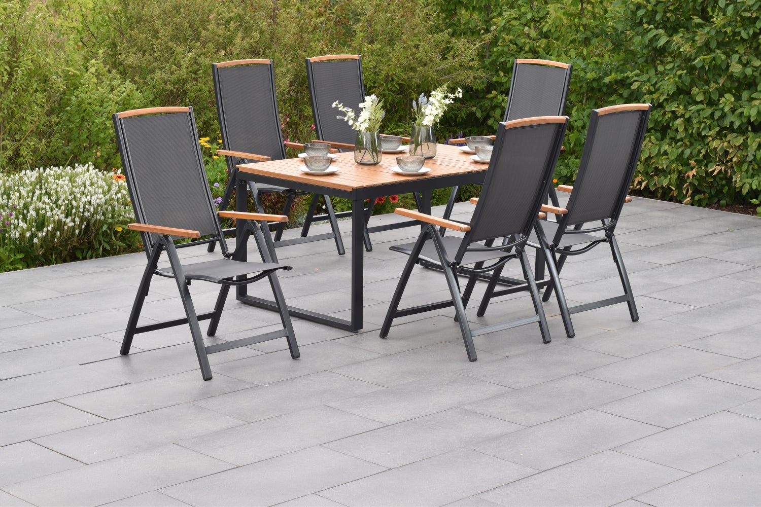 Siena 7-delige tuinmeubelset, klapstoel, uitschuifbare tafel 150 (200) x 90 cm, grafiet/grijs