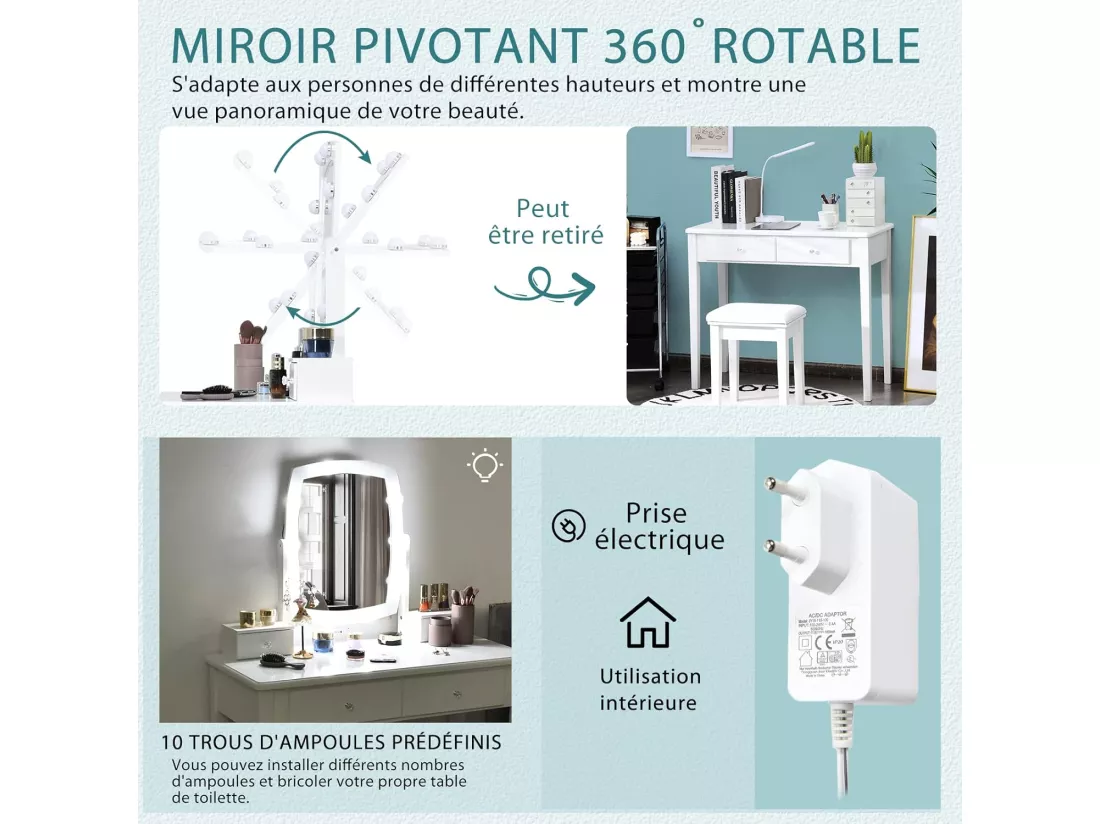 Coiffeuse 10 Ampoules LED à Intensité Variable, Miroir Pivotant à 360 Degrés avec 4 Tiroirs de Rangement Blanc