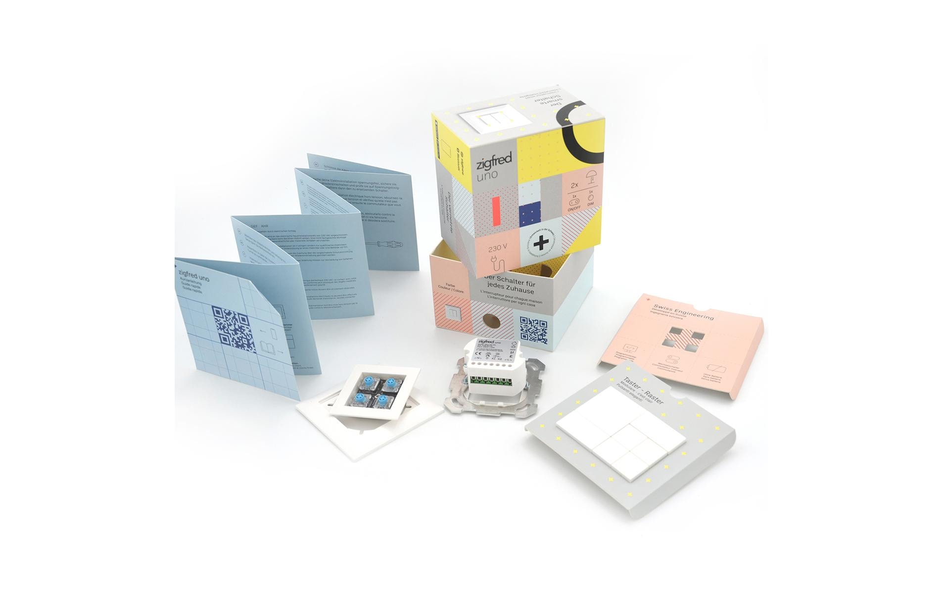 zigfred uno Komplett-Set Weiss<br>Unterputzeinheit, Montageplatte- und Abdeckrahmen EDIZIOdue 1 x 1, Tastenmodul und 1-4 Kunststofftasten