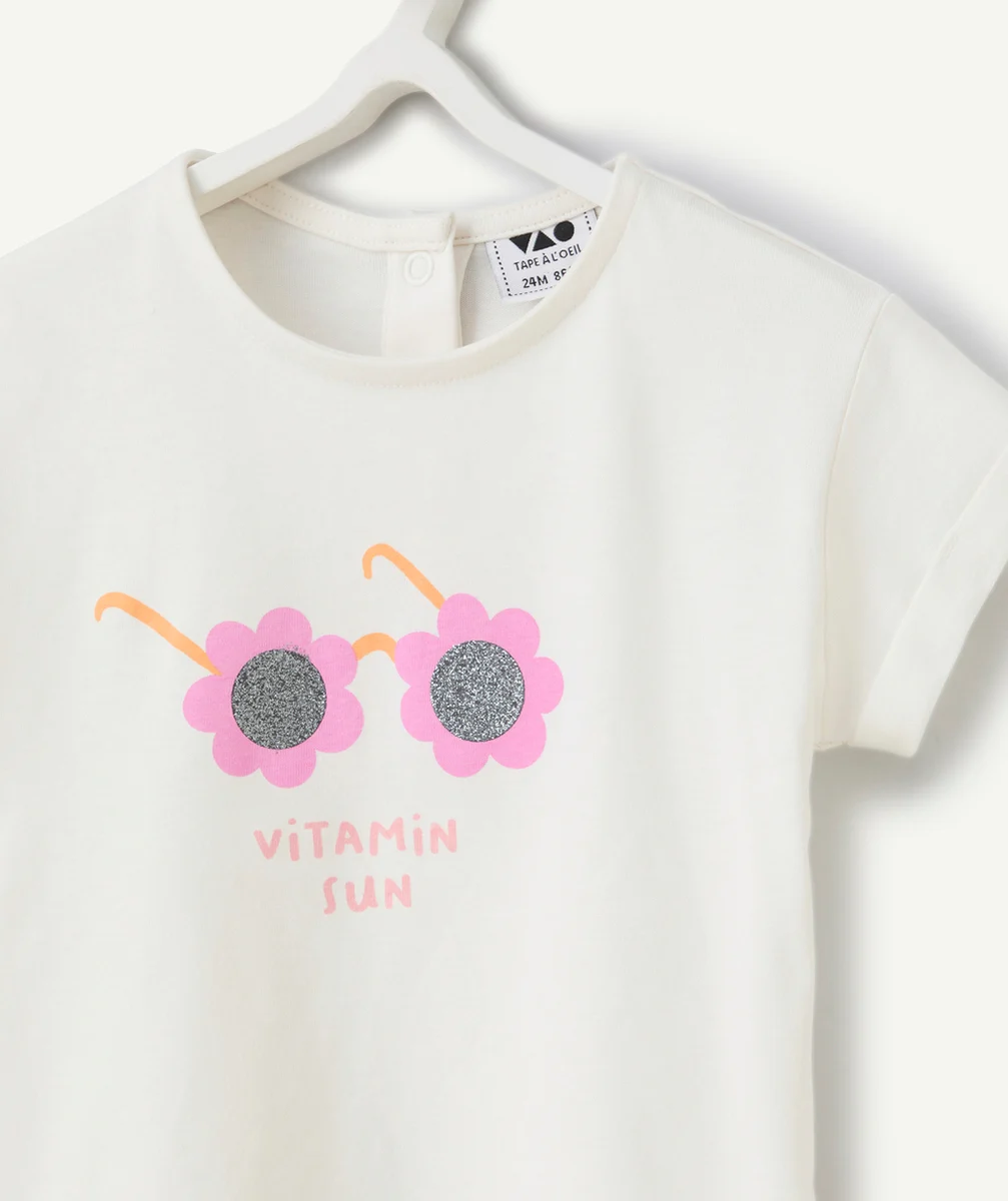 t-shirt manche courte bébé fille en coton bio anti-uv écru