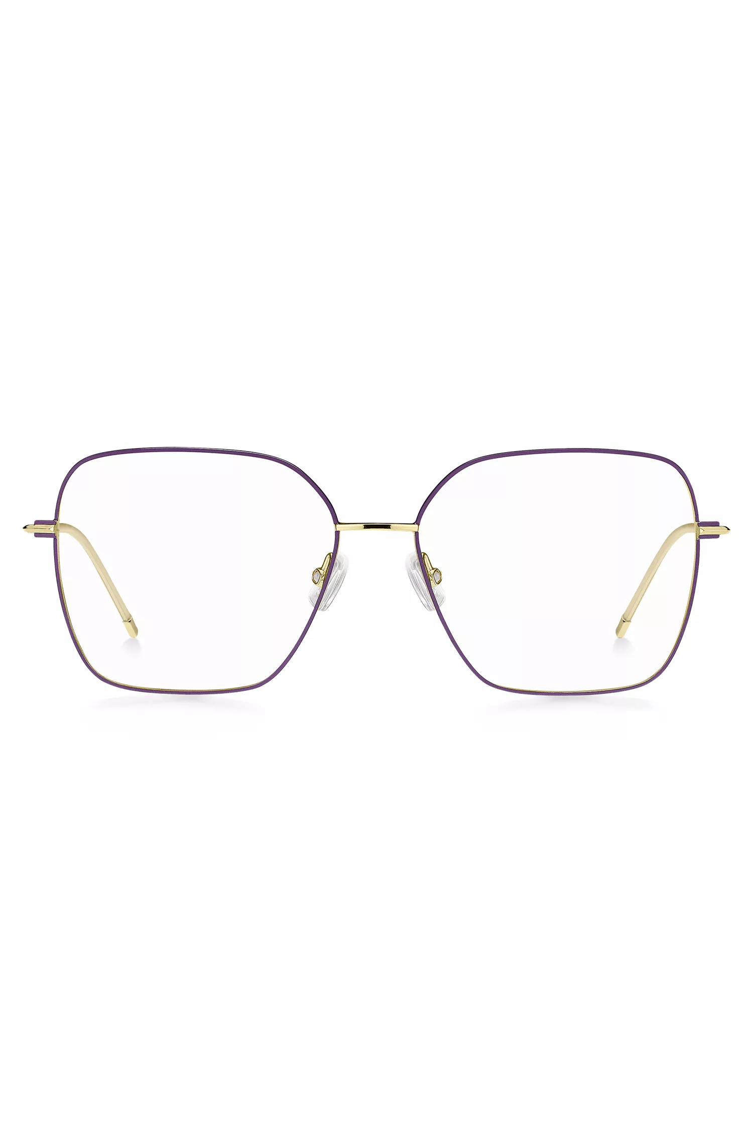 Armação BOSS Black-Optical em aço dourado com detalhes em roxo.