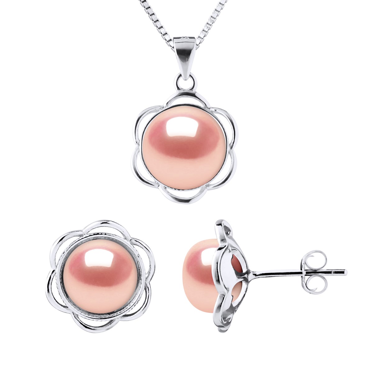 Parure Collier & Boucles d'Oreilles PETALES Perles d'Eau Douce 8-9 mm Rose Naturel Argent 925
