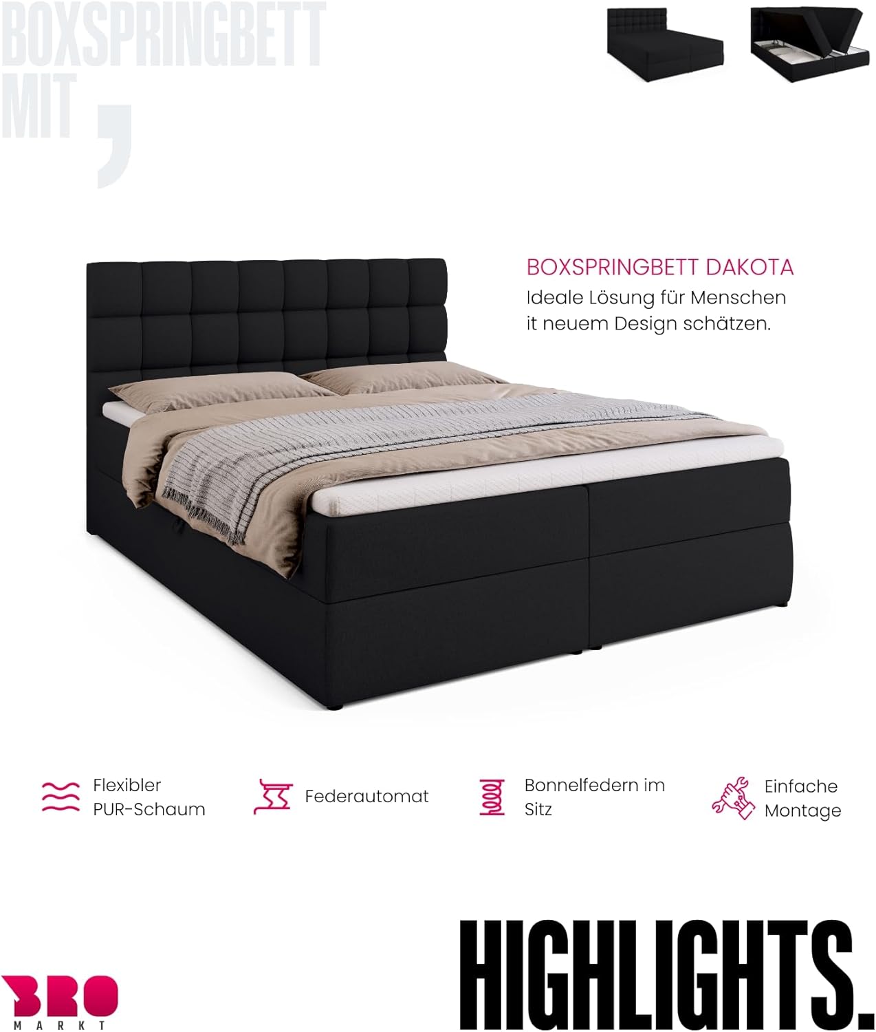 BROMARKT Boxspringbett mit Bettkasten Polsterbett mit Bonell-Matratze und Topper Bett für Schlafzimmer gepolstertes Kopfteil Dakota bonellfedern 160x200 Härtegrad H3 Schwarz