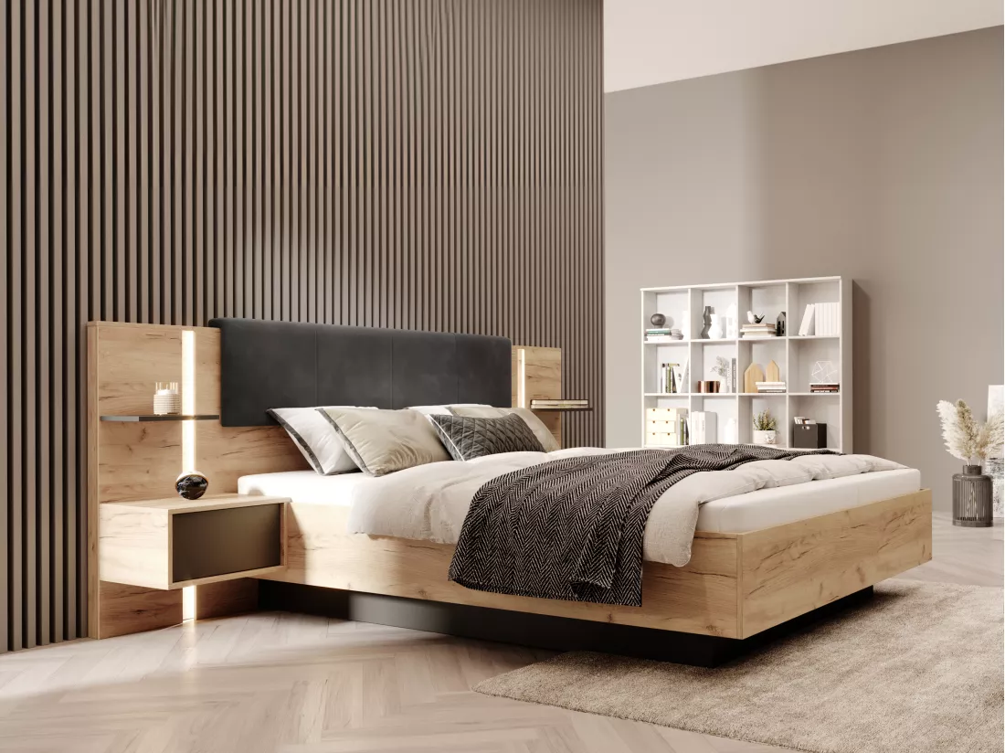 Lit avec chevets 160 x 200 cm - Avec LEDs - Coloris : Naturel et anthracite - ELYNIA