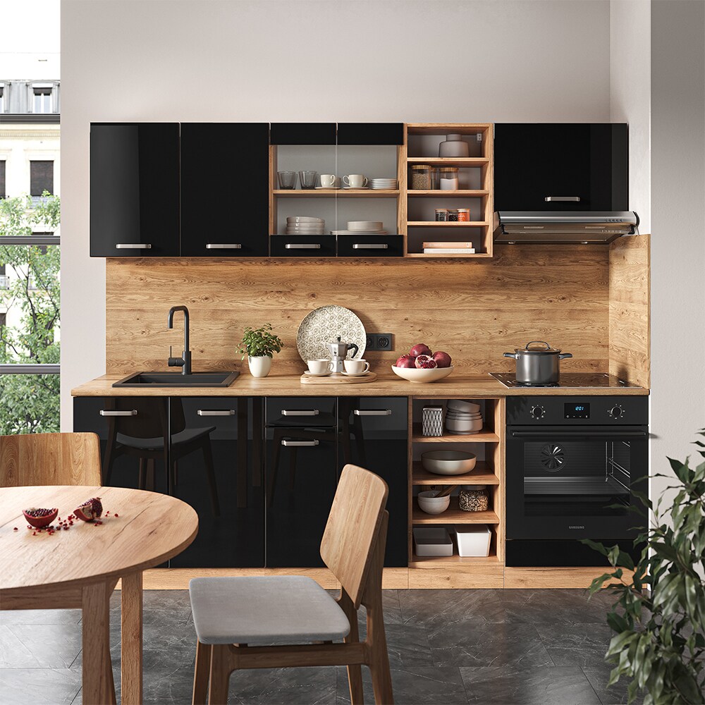Vicco Küchenzeile R-Line Solid Eiche Schwarz 240 cm modern Küchenschränke Küchenmöbel