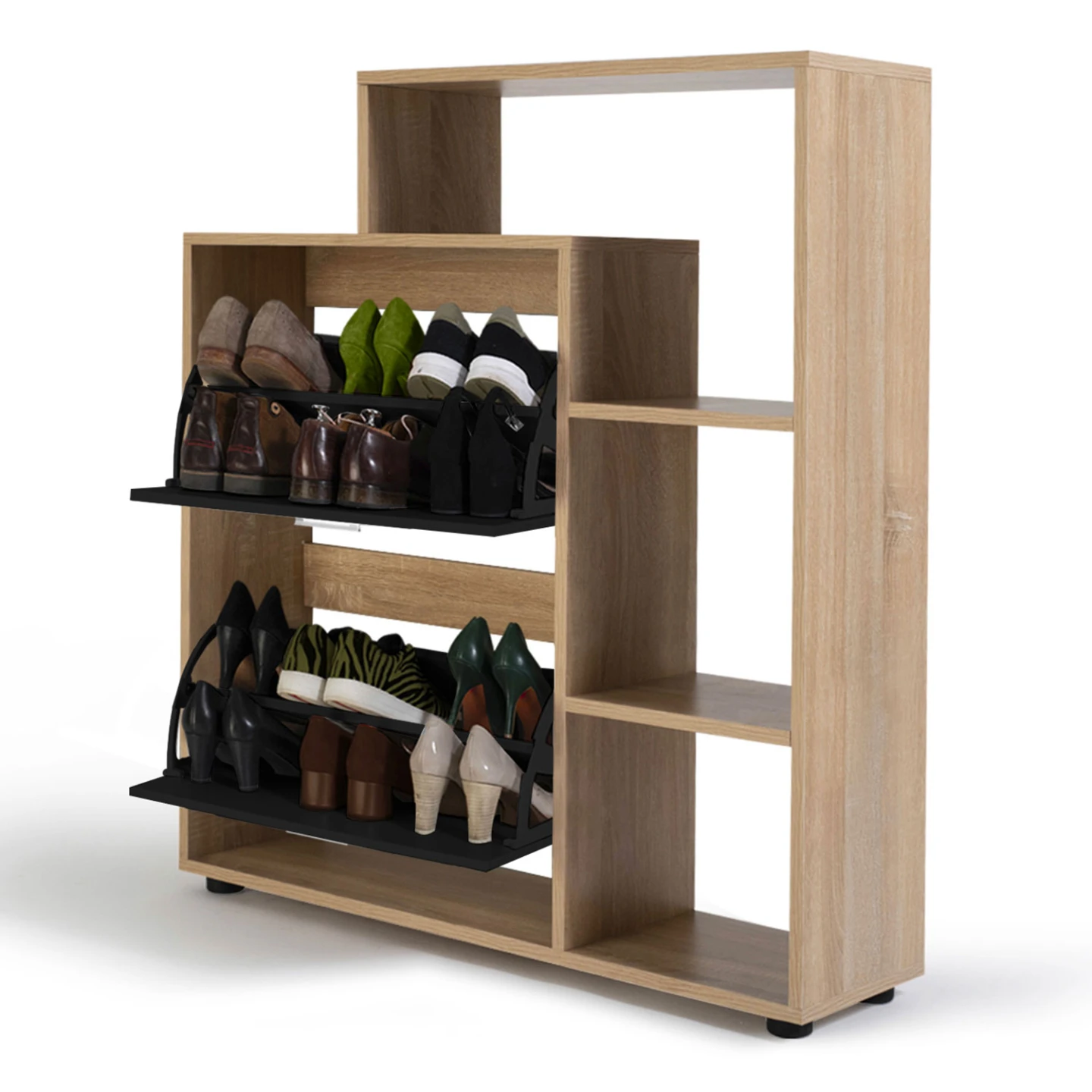 Meuble à chaussures 12 paires KLARK imitation hêtre 2 portes noires avec étagères