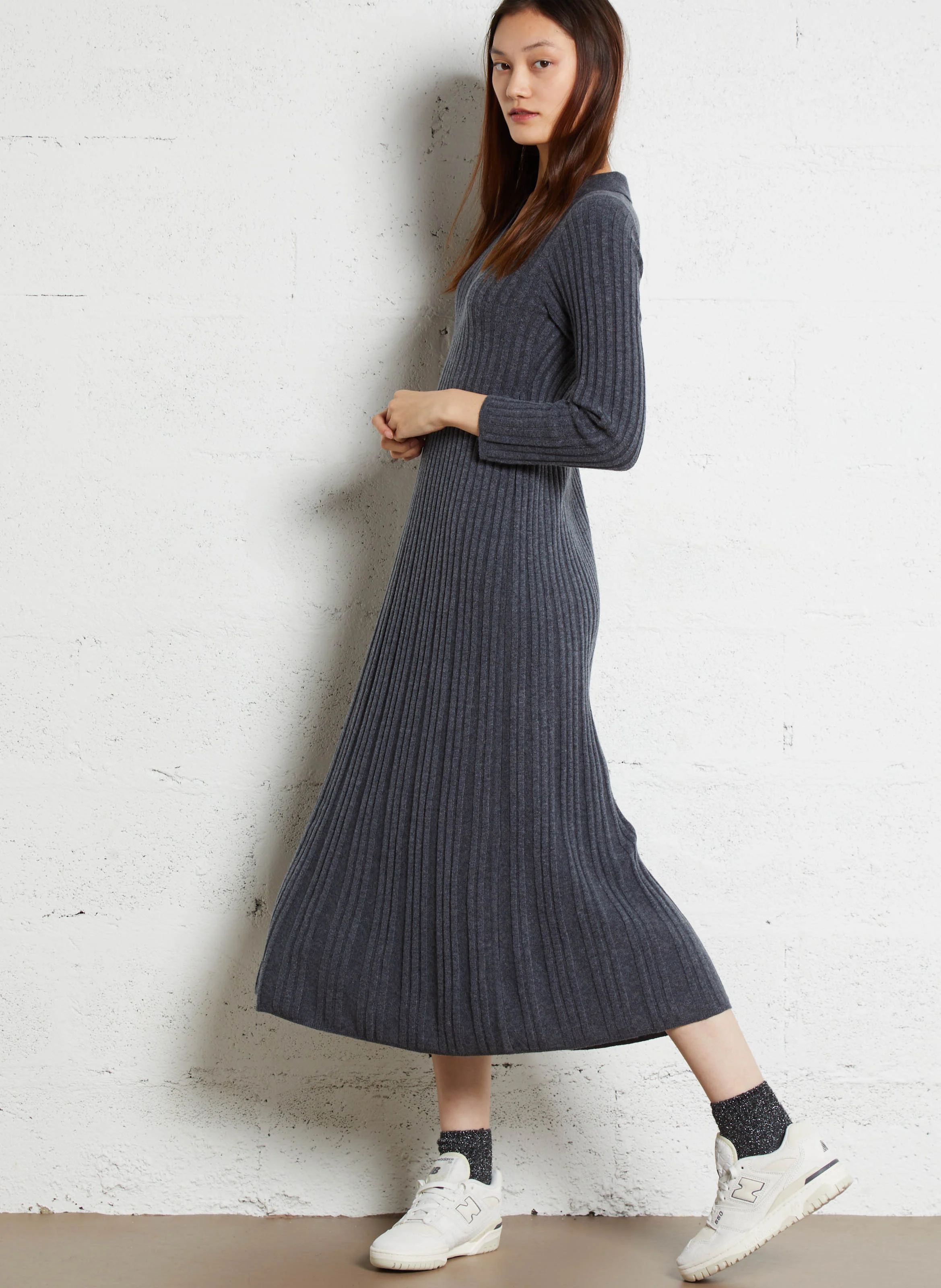 Robe longue col polo | Gris