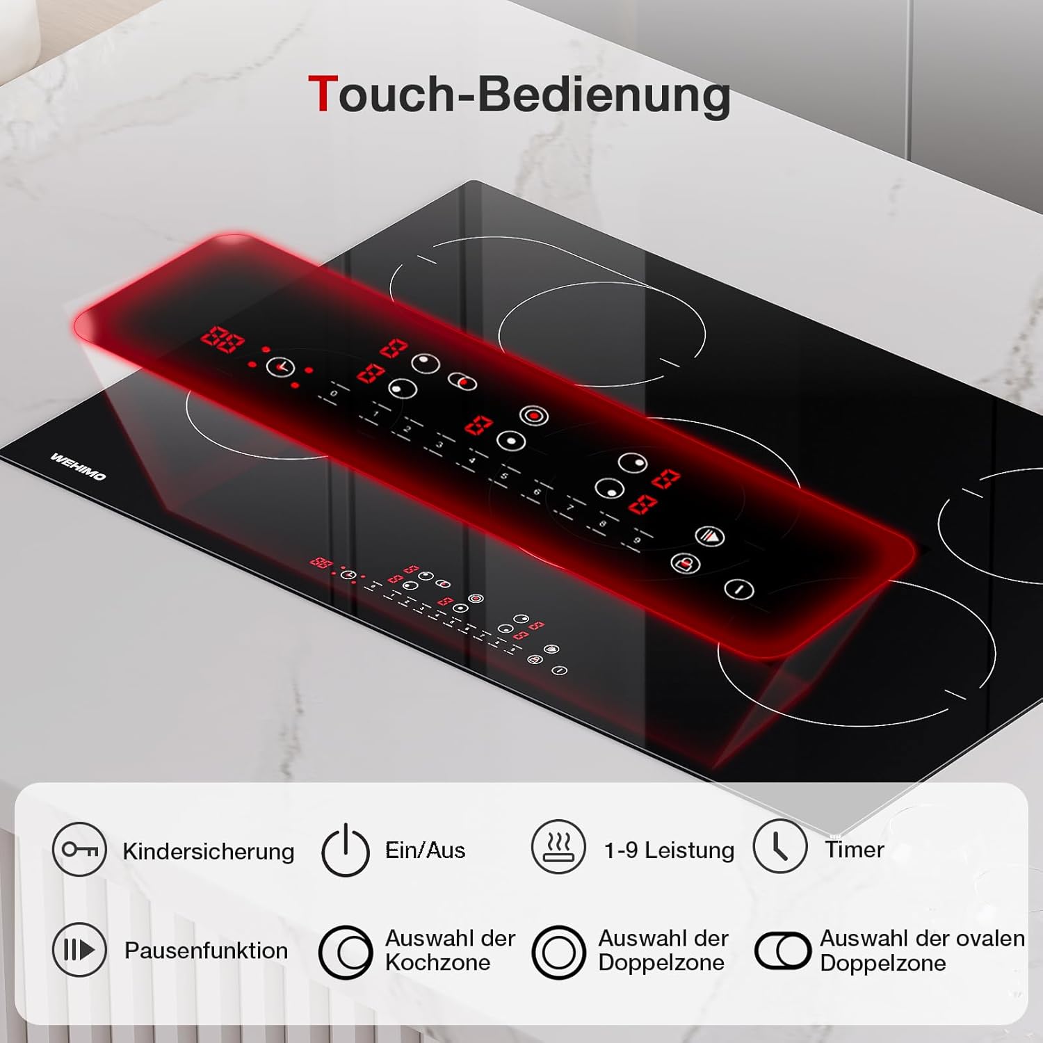 Glaskeramikkochfeld, Cerankochfeld 5 Platten 77cm, Kochfelder 8600W, 9 Stufen, Touch-Bedienung je Zone, Automatische Abschaltung, Glaskeramik Kochfeld für Alle Töpfe und Pfannen Geeignet