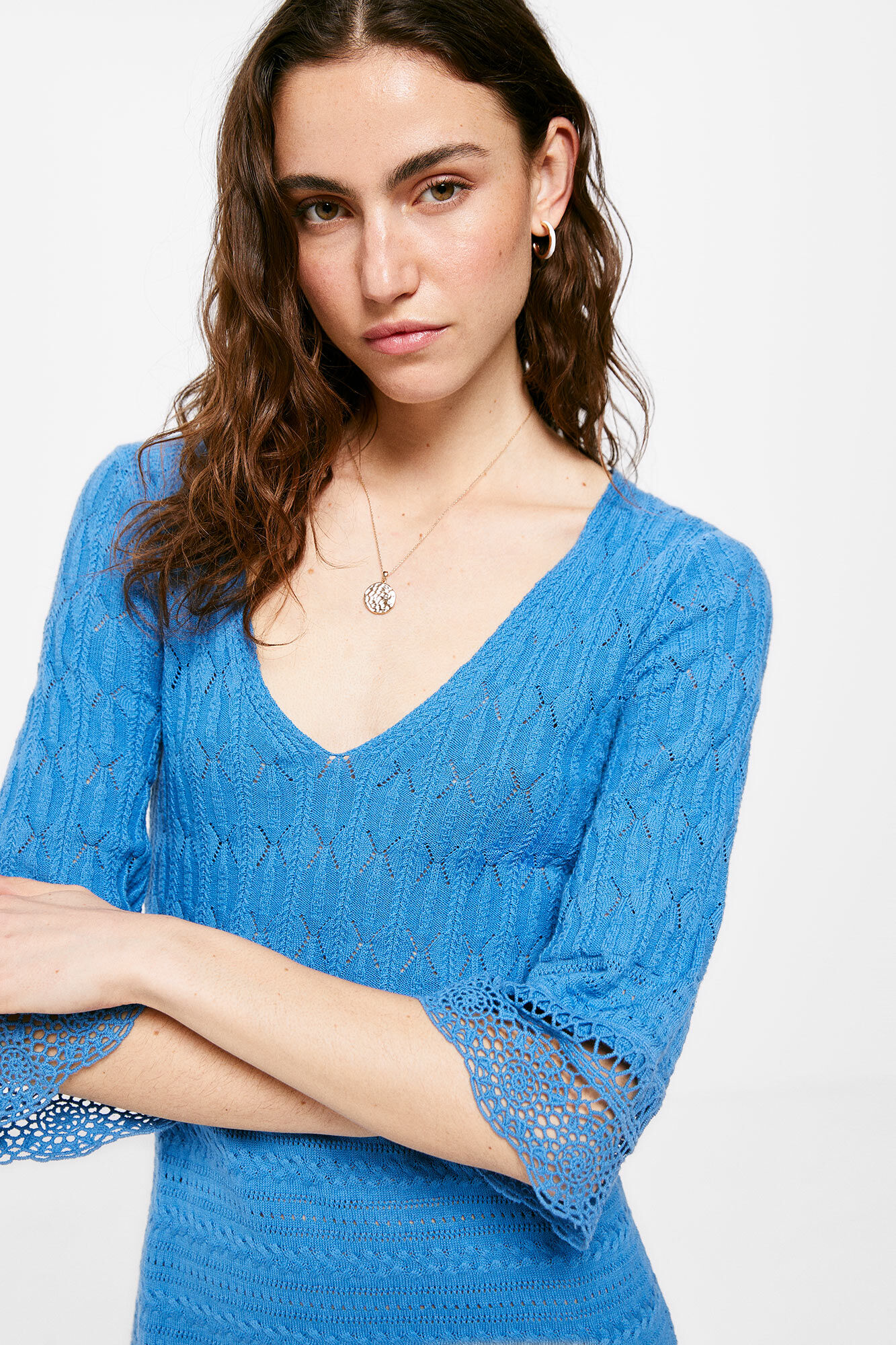 Vestido curto de malha estruturada - Azul médio