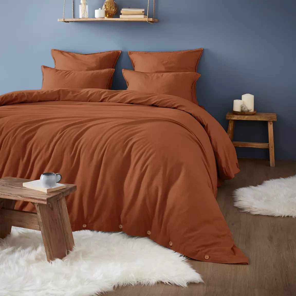 Drap housse flanelle de coton (180 x 200 cm) Théa Terracotta