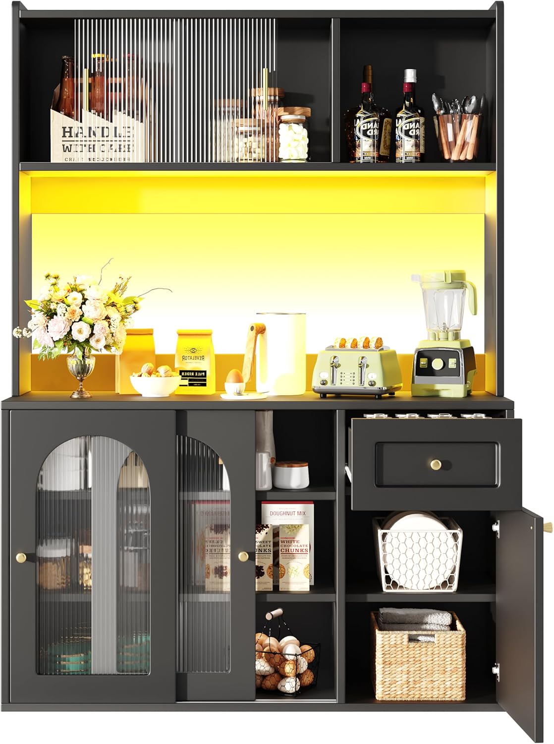 Küchenschrank, Hochschrank, Vitrinenschrank, Buffetschrank mit Verstellbaren Ablagen, Esszimmerschrank, Sideboard mit LED-Beleuchtung, Schwarz