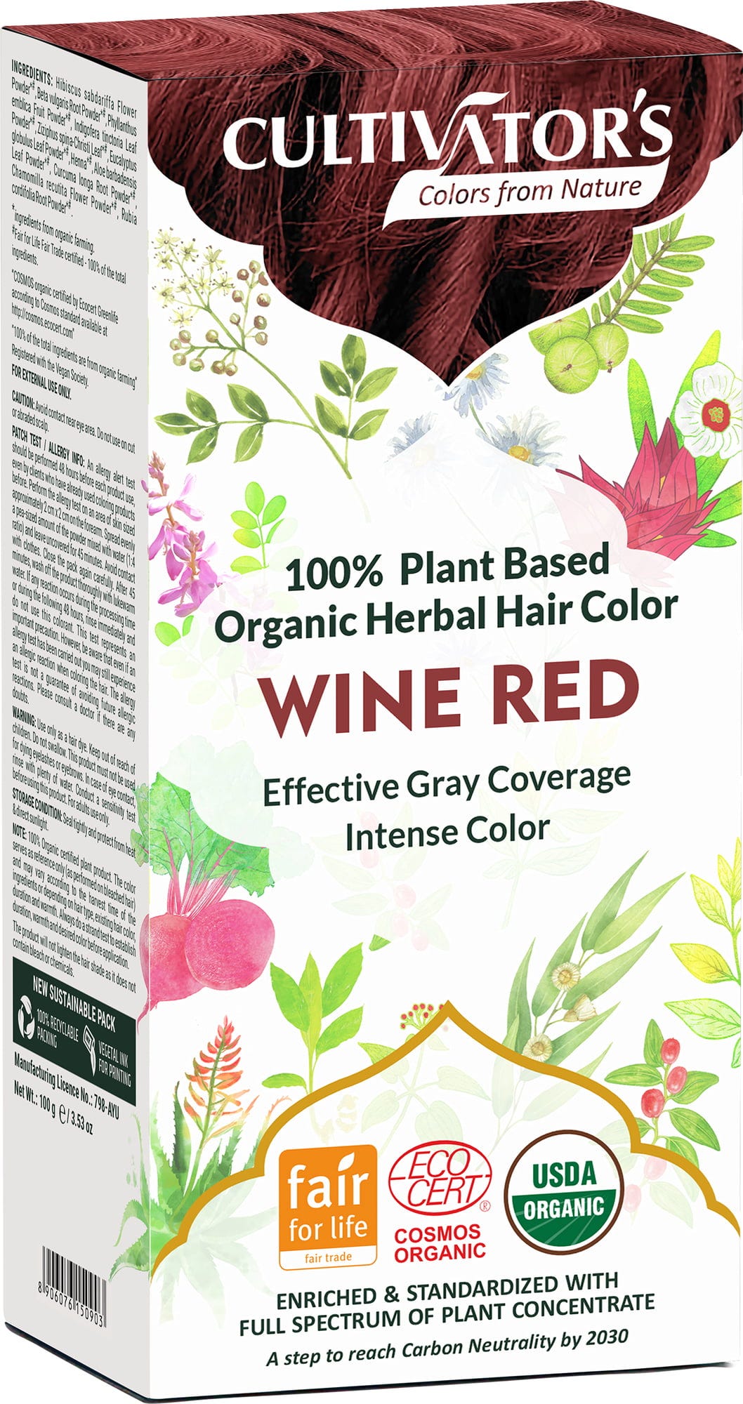 CULTIVATOR'S  Organic Herbal Hair Color Wine Red, 100 g