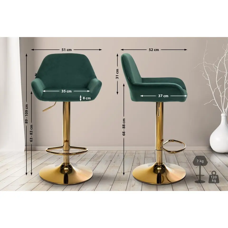 CLP Set van 2 Barkruk Braga goud Frame - Fluweel - donkergroen