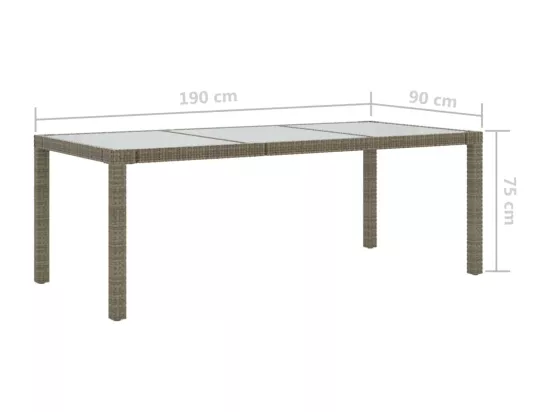 Table de jardin Gris 190x90x75 cm Verre trempé/résine tressée