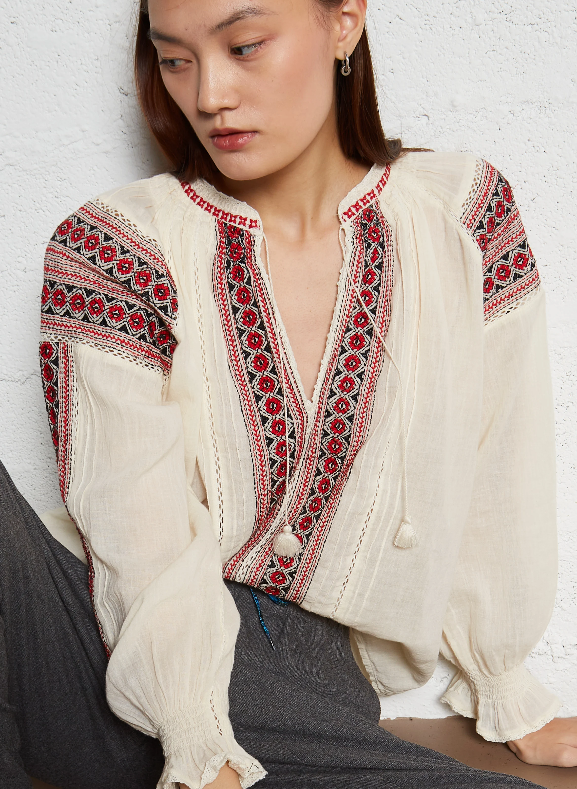 AUDREY - Blouse col tunisien en coton | Blanc