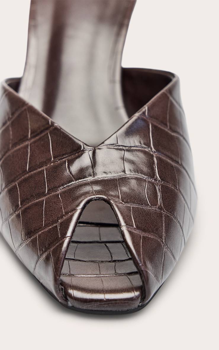Chocolat Mules À Talons Bout Ouvert Découpe En V Effet Croco