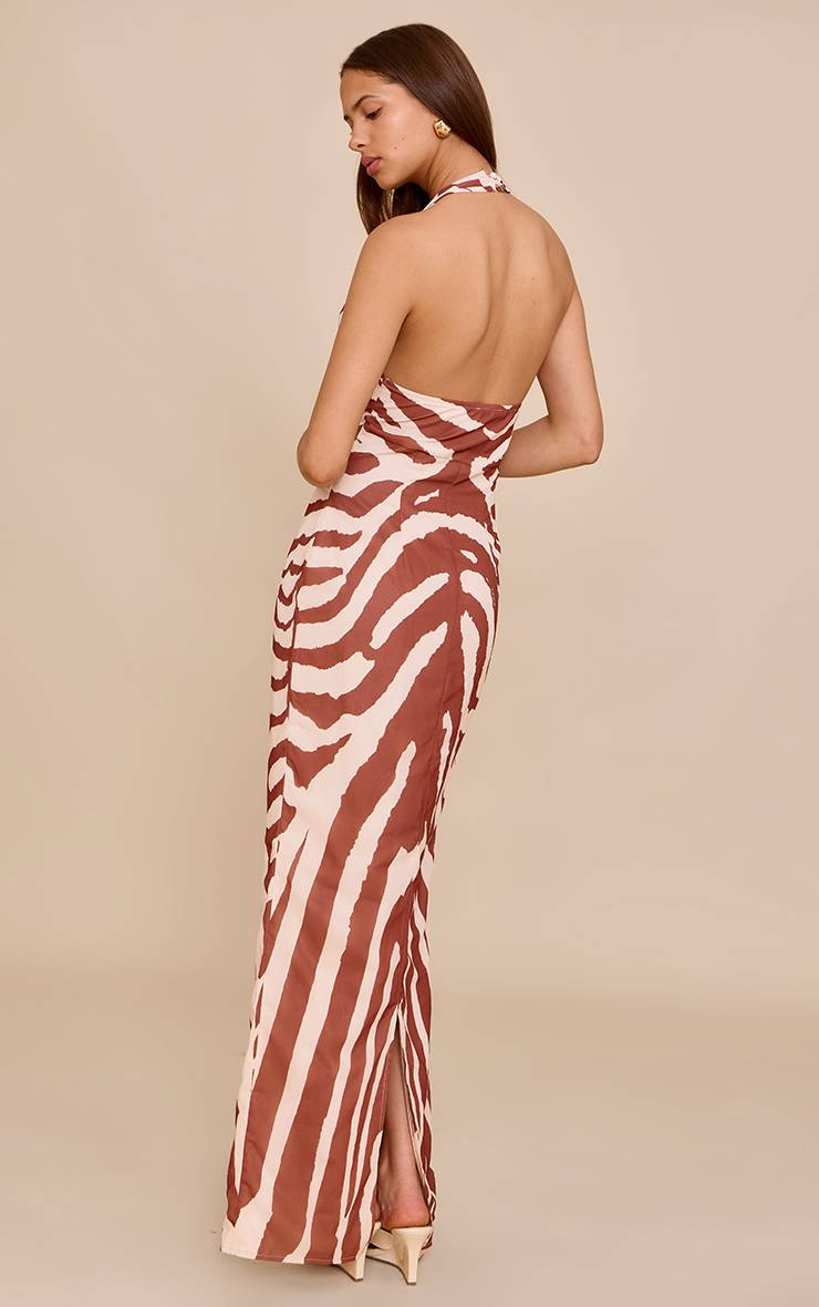 Marron Robe Longue En Mousseline À Imprimé Zèbre Abstrait Avec Encolure Drapée