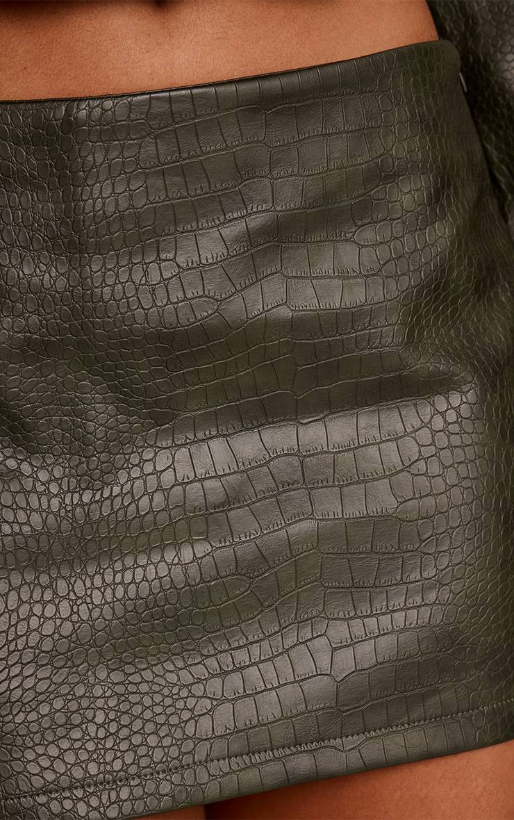 Kaki Ensemble Jupe Courte Taille Mi-haute En Synthétique Effet Croco
