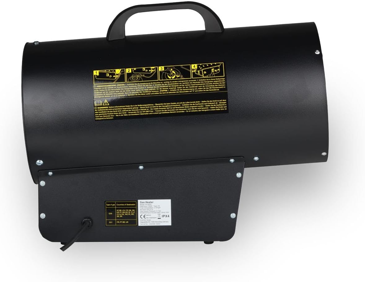 FUXTEC Gasheizkanone FX-GH33, Propan-Heizgerät, 30kW Leistung, 2,18kg/h Verbrauch, 360°C Luftstrom, Piezozündung, Überhitzungsschutz, 220–240V Betrieb, für Außenbereiche/gut belüftete Räume