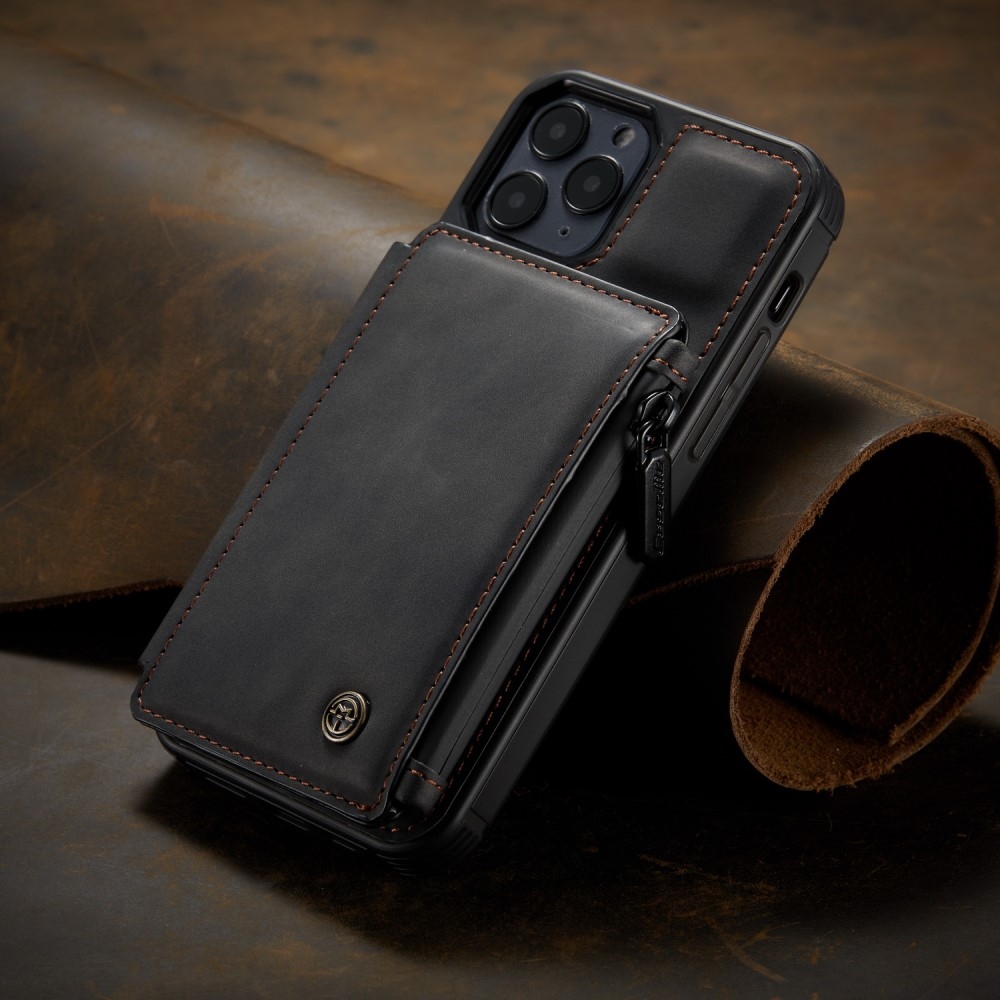 iPhone 12 / iPhone 12 Pro Leder Schutzhülle mit Münzbeutel   3 Kartenfächern - Schwarz