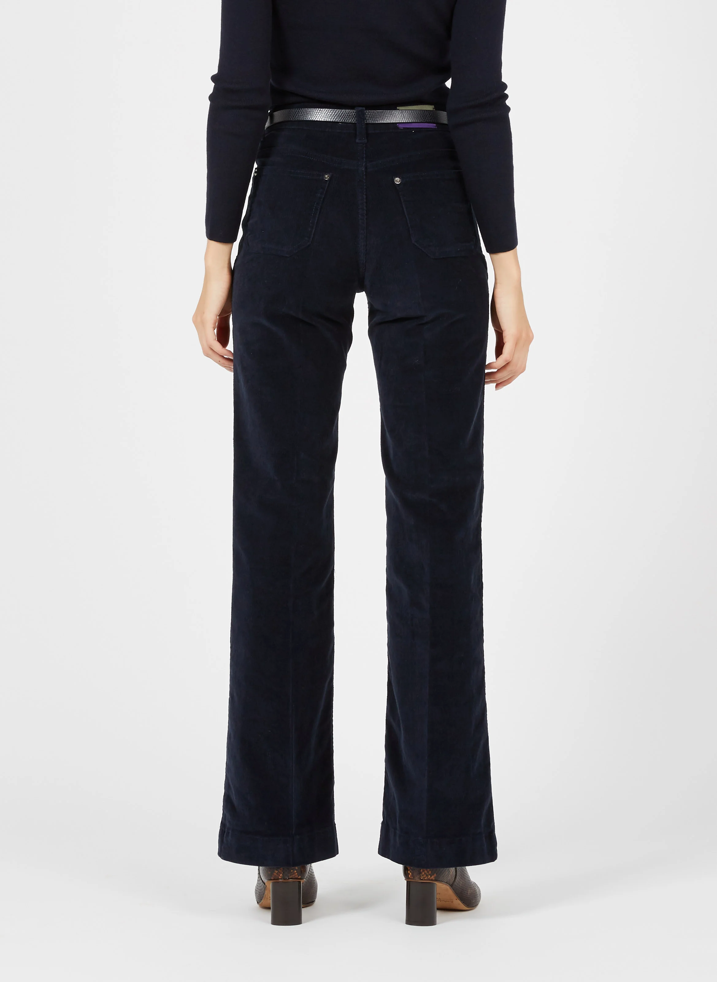 DOMPAY - Pantalon évasé côtelé en coton mélangé | Bleu