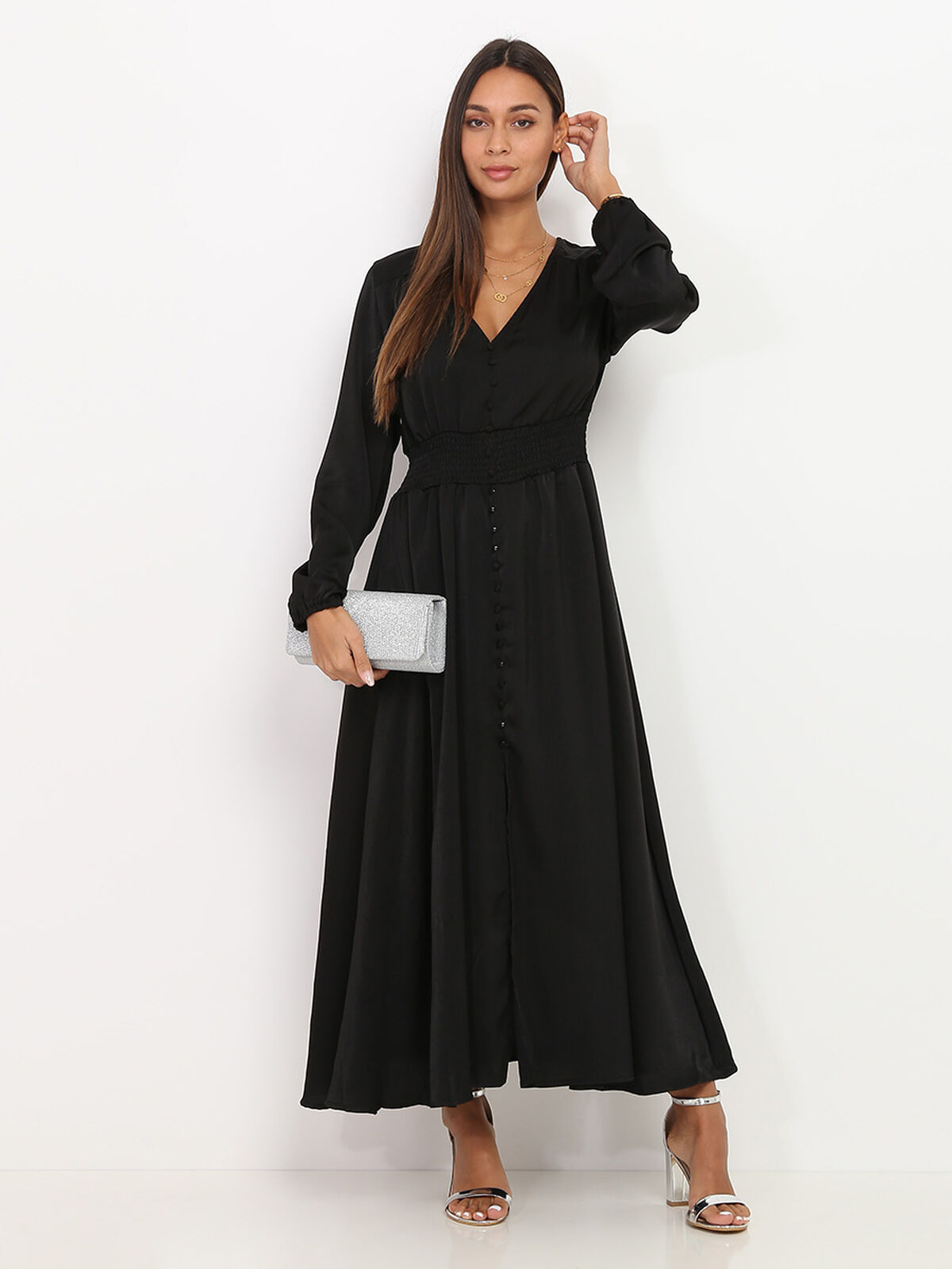 Robe longue satinée- Noir
