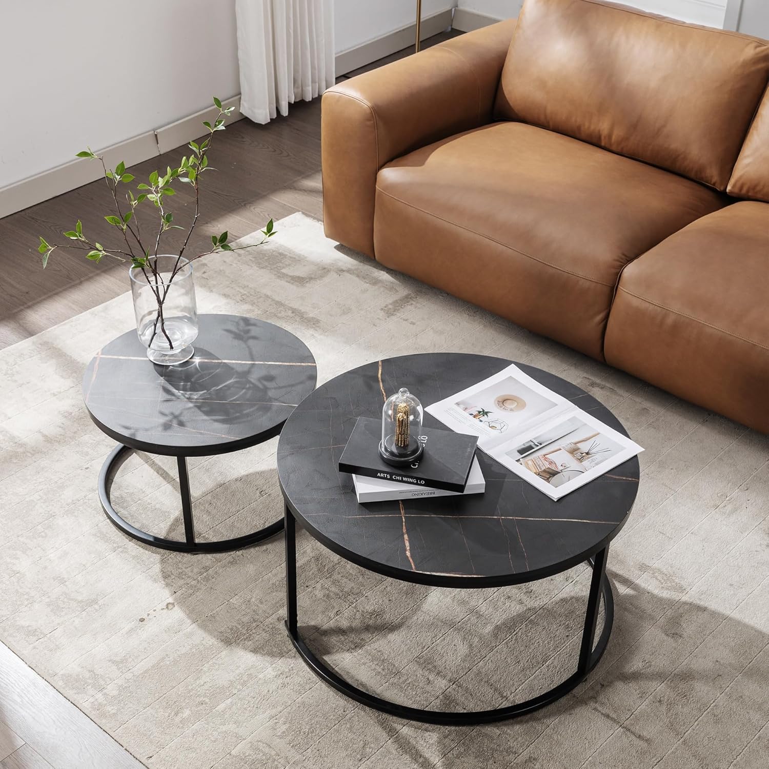Satztisch mit 2 Set Couchtisch aus Holz, Moderne Kaffeetische 2er Set, Couch Beistelltisch mit Schwarz-Gold Marmor, Runder Sofatisch Wohnzimmer Tisch Riess Ambiente, Dunkel Schwarz