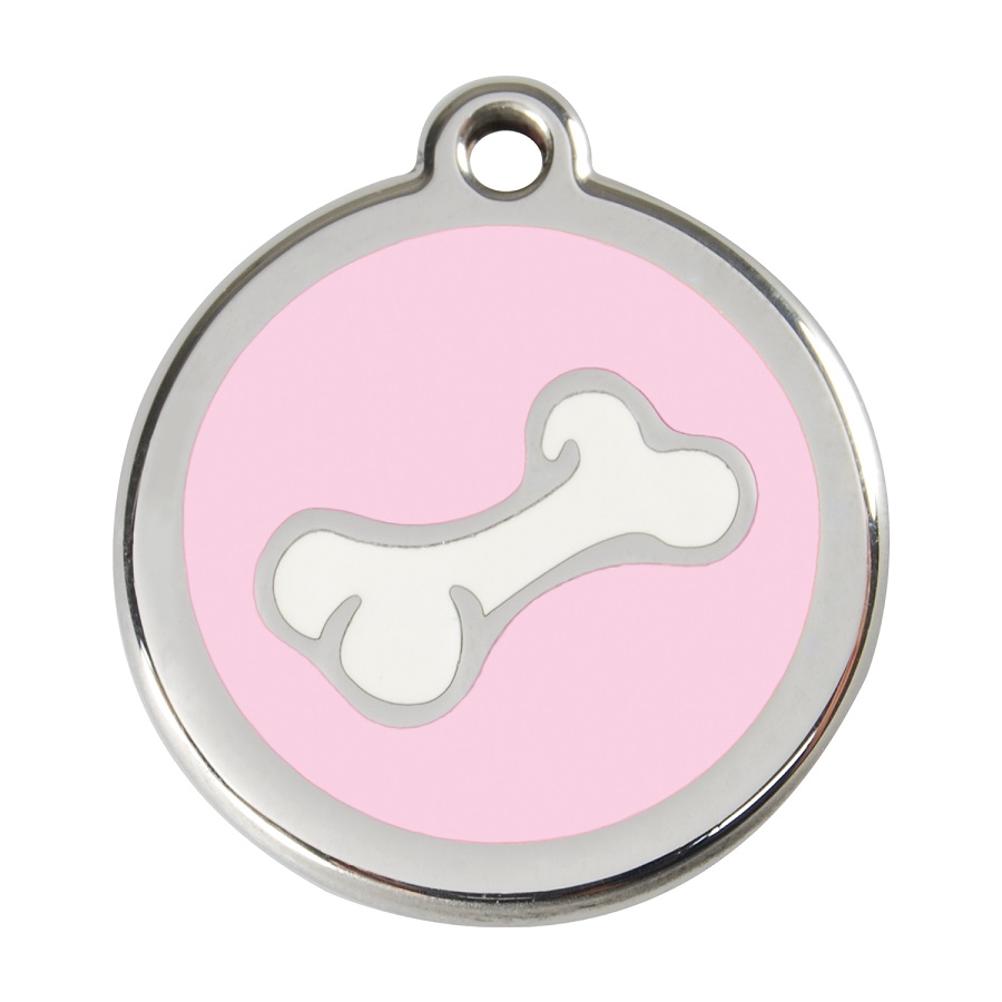 Placa de identificação para cães em aço inoxidável esmaltado com desenho de osso de desenho animado rosa