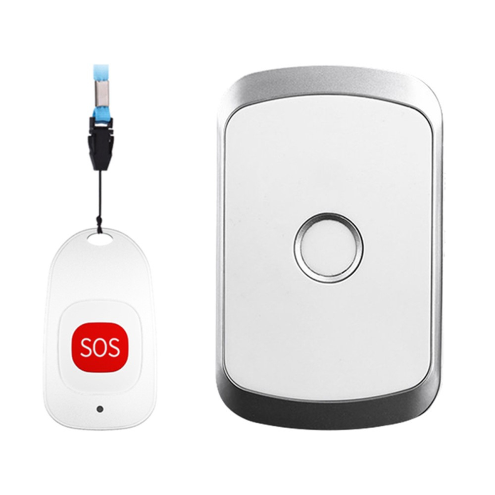 (2-tlg. Set) Mobiler Taschen Alarm Personen Alarmanlage Alarmsirene Senioren Notruf SOS Knopf mit drahtloser Glocke - Weiss