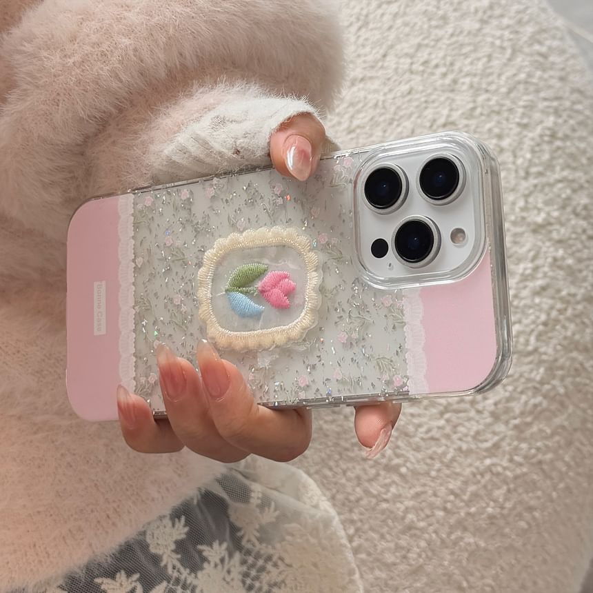 kloudkase - Bloemen telefoonhoesje / geborduurde zelfklevende decoratie / bedel / set - iPhone 16 Pro Max / 16 Pro / 16 Plus / 16 / 15 Pro Max / 15 Pro / 15 Plus / 15 / 14 Pro Max / 14 Pro / 14 Plus / 14 / 13 Pro Max / 13 Pro / 13