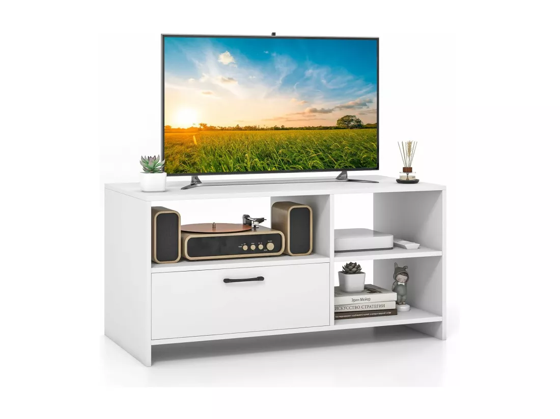 Meuble tv, tiroir et compartiments, pour tv jusqu'à 50 pouces, blanc 104,5 x 51,5 x 52 cm