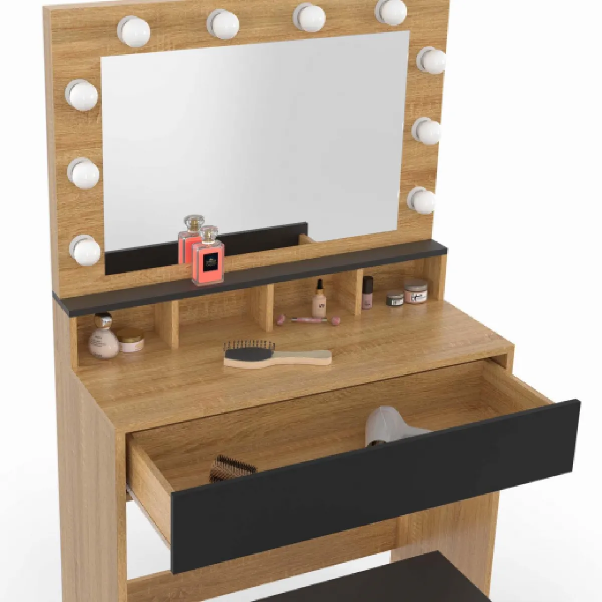 Idmarket Coiffeuse ZELIA hêtre et noir LED
