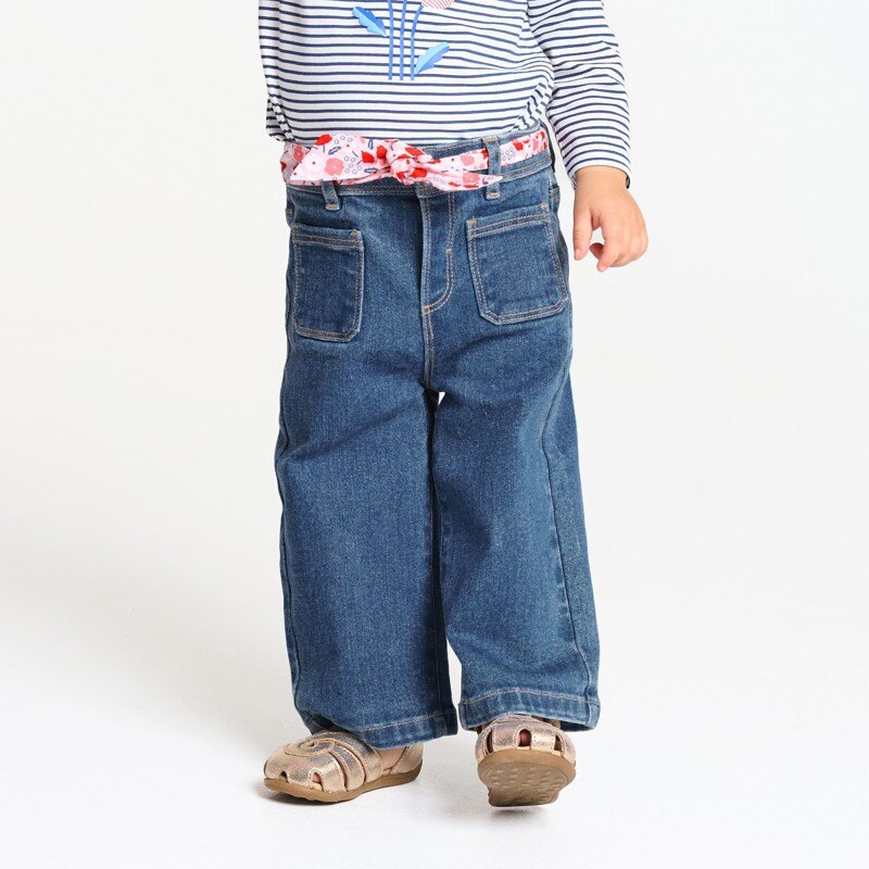 Pantalon large en jean ceinture fleurie denim bleu bébé fille Bleu
