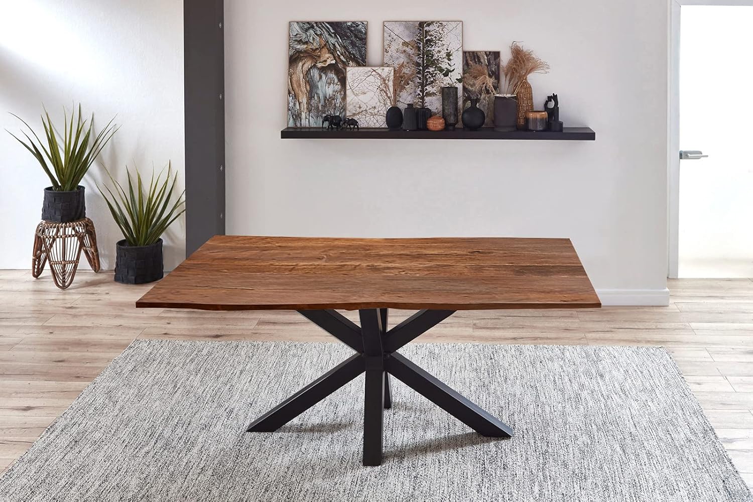 SAM Esszimmertisch 120x80cm Quincy, echte Baumkante, Akazienholz nussbaumfarben, massiver Baumkantentisch mit Spider-Gestell Mattschwarz, Tischplatte 26 mm
