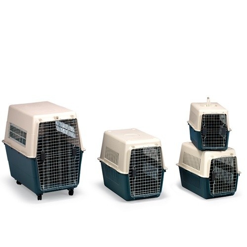 Caixa de transporte para animais de estimação nas cores cinza, azul e branca.