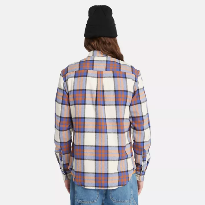 Camisa de flanela xadrez masculina em azul/branco/laranja
