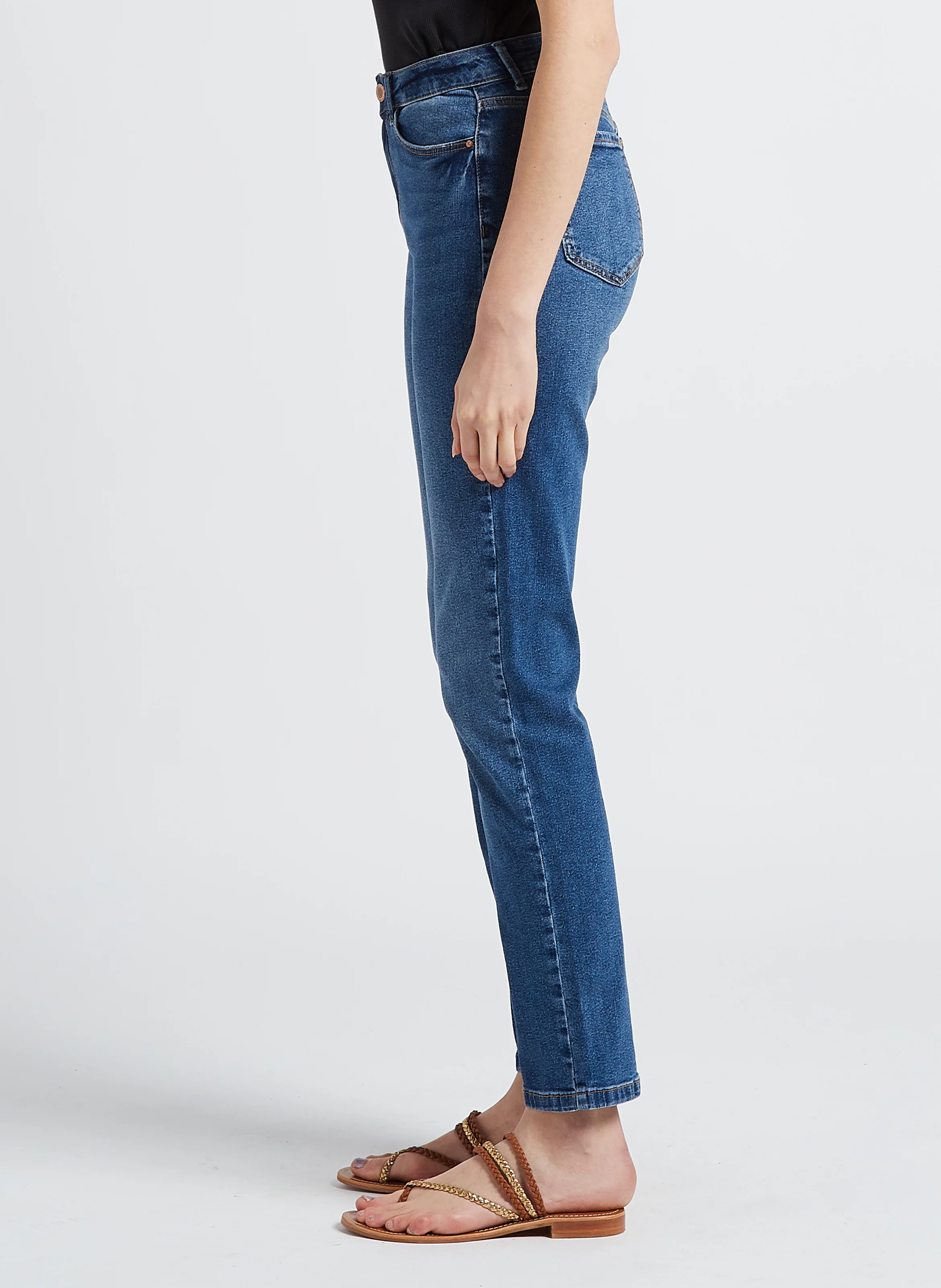 Jean droit taille mi-haute en denim de coton| Bleu