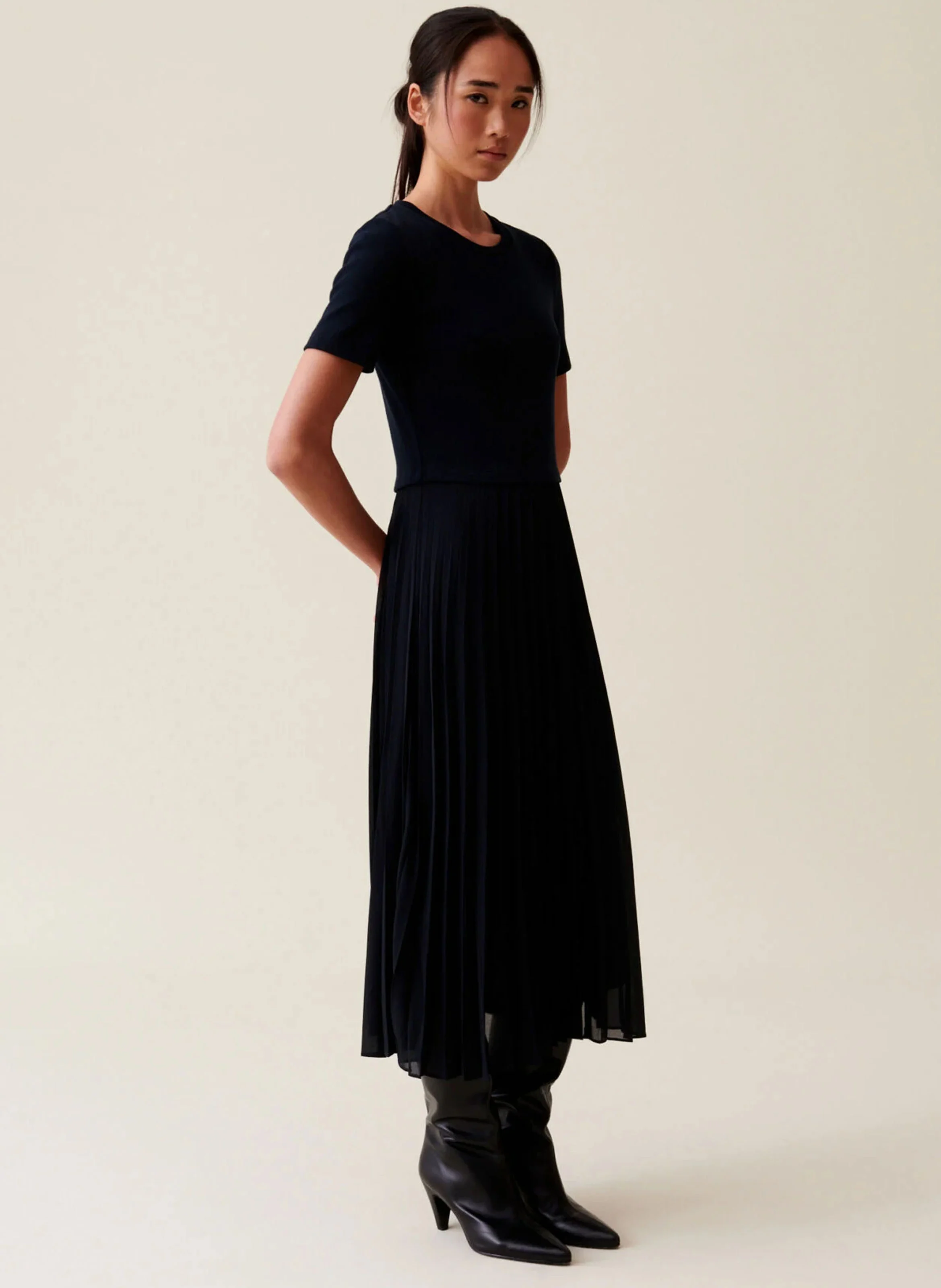 Robe longue col rond plissée | Bleu