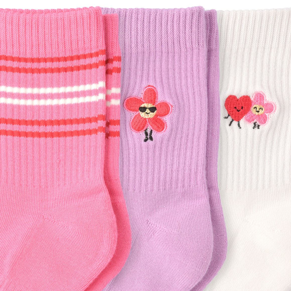 Famy 3 Paar Mädchen Socken mit bunten Motiven rosa / helllila / weiss