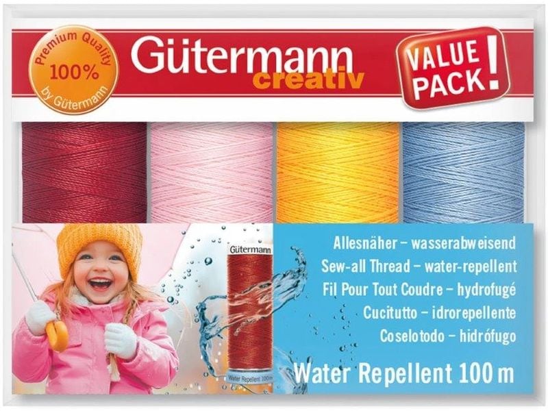Gütermann Nähgarn-Set Water Repellent 4 Stück, Blau/Gelb/Ro Wasserabweisender Universalnähfaden im Set